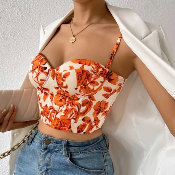 Boho floral print lace up back bustier corset tube satin top - Picture 5 of 16